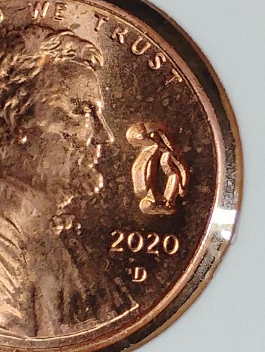 2020-D LINCOLN SHIELD CENT WITH "PENGUIN" COUNTERSTAMP IN RIGHT FIELD OBVERSE