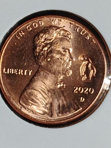 2020-D LINCOLN SHIELD CENT WITH "PENGUIN" COUNTERSTAMP IN RIGHT FIELD OBVERSE