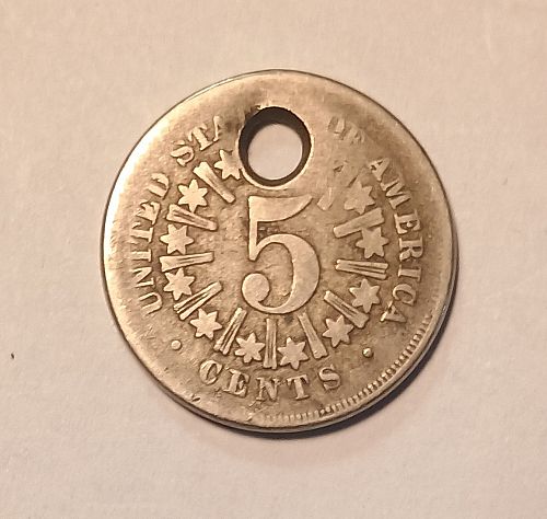 1866 Shield Nickel 1st Year in Series Missing O, S in Motto, Pre-cud die crack, holed