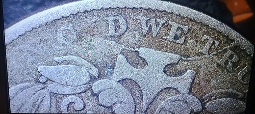 1866 Shield Nickel 1st Year in Series Missing O, S in Motto, Pre-cud die crack, holed