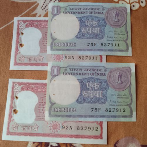 INDIA MATCHING  PAIR 1&  2  RUPEE. FOUR NOTES..see pictures..