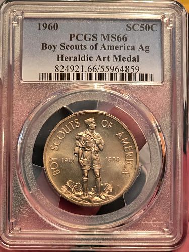 1960 Heraldic Art Boy Scouts of America 50 Year Silver Coin; PCGS Certif'd MS66!