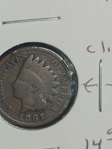 1887 INDIAN CENT G-4, DETAILS : BENT COIN HAS A CLIP PLANCHET