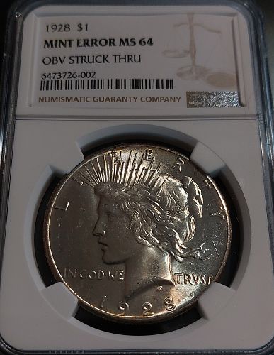 1928 PEACE 1 Dollar KEY DATE Struck Thru ERROR Just Graded NGC MS64 Slabbed Coin