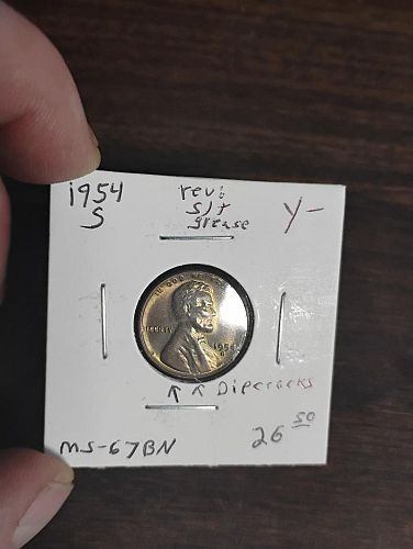 1954-S LINCOLN WHEAT CENT MS-67 BN , REV. STRUCK THROUGH GREASE, OBV.  2 DIE CRACKS