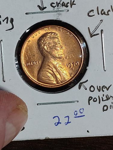 1970-D LINCOLN MEMORIAL CENT MS-63 R  DIE CRACK TOP OF HEAD, CLASH, FLOATING ROOF REV