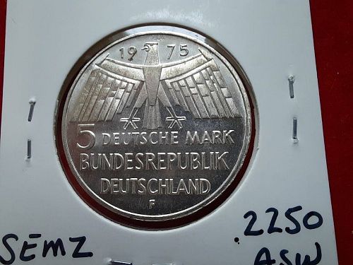 1975 F  Silver German 5 marks CH BU with free shipping