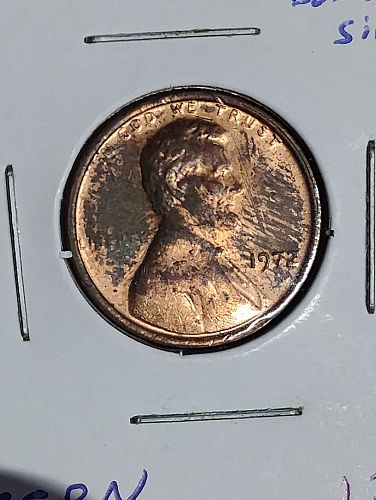 1972 lincoln memorial cent au-55 bn, struck through cloth obverse & reverse
