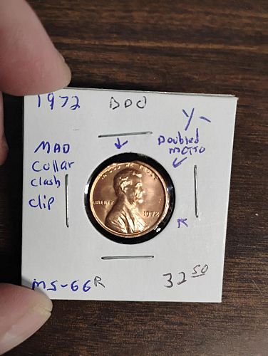 1972 DDO LINCOLN MEMORIAL CENT MS-66 RED , DOUBLED MOTTOS, MAD / COLLAR CLASH & CLIP
