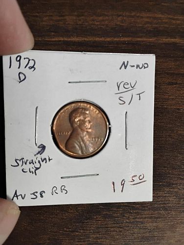 1972-D LINCOLN MEMORIAL CENT AU-58 RB  STRAIGHT CLIP, REVERSE IS S/T GREASE