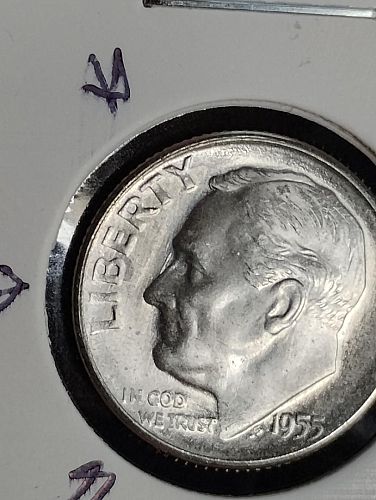 1955-S ROOSEVELT DIME DIE CLASH, S/T GRREASE OBV. & REV. POSSIBLE RPM?