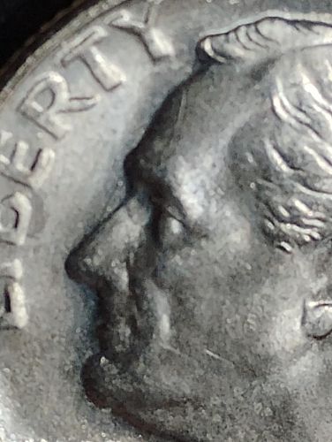 1955-S ROOSEVELT DIME DIE CLASH, S/T GRREASE OBV. & REV. POSSIBLE RPM?