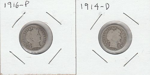 1914  D  & 1916 P  BARBER DIMES