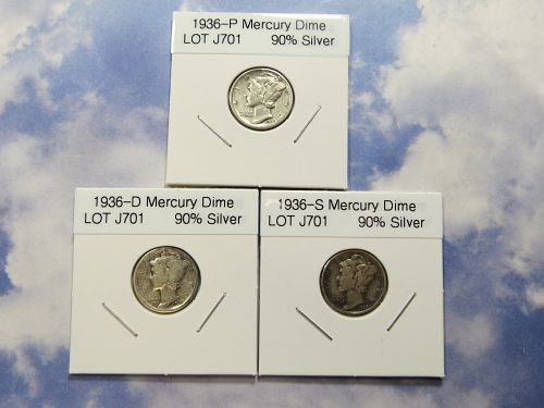 1936-P 1936-D 1936-S MERCURY DIMES (LOT of 3 DIMES)  (90% SILVER) LOT J701