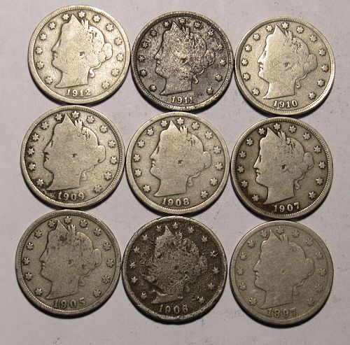 9 Different Liberty Head V Nickels in circulated condition