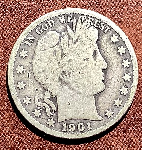1901-S 90% Silver Barber Half Dollar Tough Key Date Full Rims Original LTY G+/VG