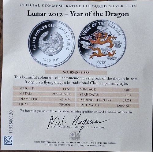 2012 Laos 1000 Kip colorize Proof "Year of the Dragon"