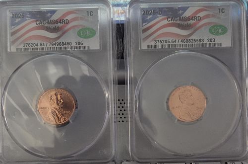 2025 P+D Lincoln Shield Cent CAC MS-64 RD 2 Coin Set-LAST YEAR OF ISSUE! P+D