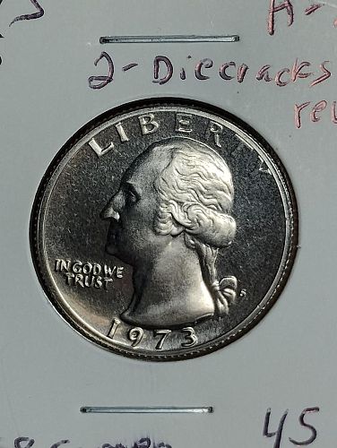 1973-S WASHINGTON QUARTER PF68 CAMEO 2-DIE CRACKS ON REVERSE, INNER WING