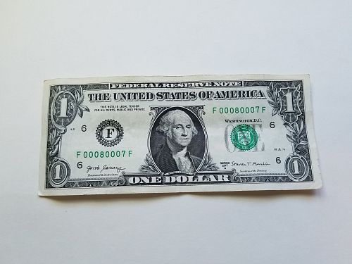 2017A $1 Federal Reserve Note One Dollar Fancy Serial Number 6 of Kind F00080007F