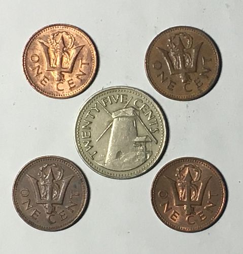 Lot 5 Coin Barbados 1 cent 1973 1976 1979 1980 25 cents 1973