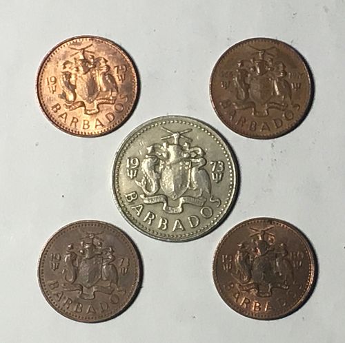 Lot 5 Coin Barbados 1 cent 1973 1976 1979 1980 25 cents 1973