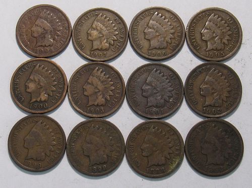 12 Different Dated Indian Head Cents in circulated condition