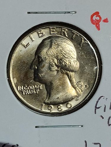 1980-D WASHINGTON QUARTER MS-65 TONING, FILLED "D" ERROR COIN
