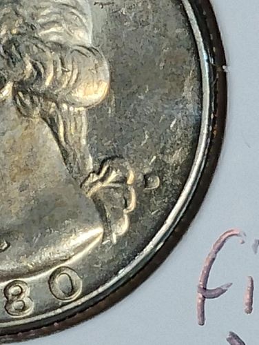 1980-D WASHINGTON QUARTER MS-65 TONING, FILLED "D" ERROR COIN