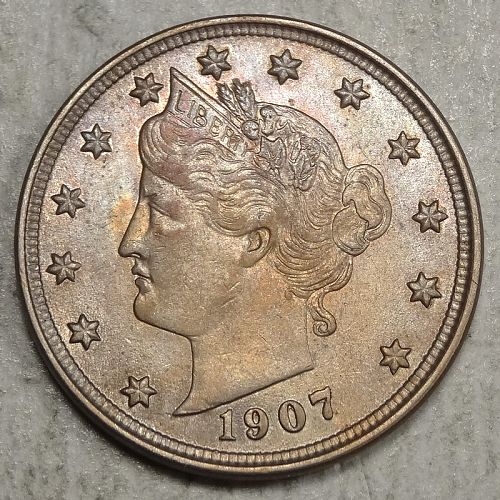 1907 Liberty Nickel, Uncirculated, Nice Color, Repunched Date   0124-27