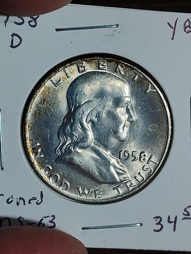 1958-D BENJAMIN FRANKLIN HALF DOLLAR MS-63 , TONED