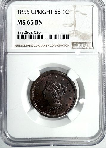 1855 Braided Hair Liberty Head Large Cent Upright 5s Coin Value