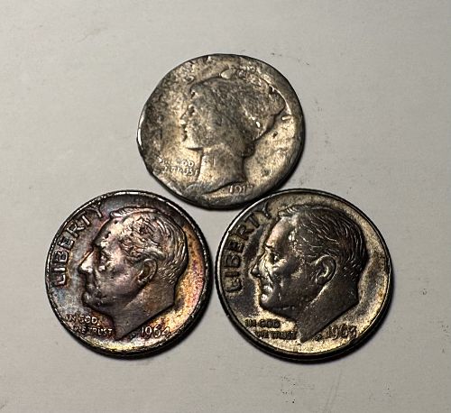 Three Damaged Silver Dimes .900 SILVER
