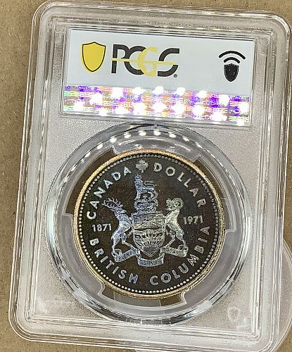 1971 Canada .500 Silver Specimen British Columbia Dollar PCGS SP68 *COLOR* Toned