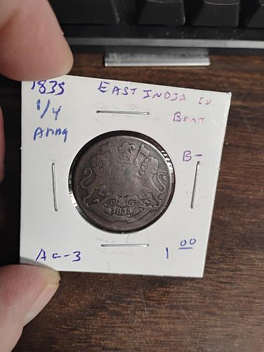 1835 EAST INDIA COMPANY 1/4 ANNA    AG-3 , DETAILS ; BENT