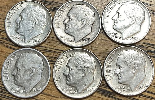 SILVER SEEKERS 6 random silver dimes in one 6 coin lot