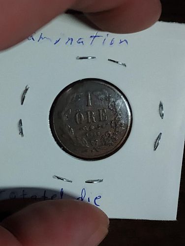 1858 SWEDEN 1 ORE ROTATED DIE & SEVERE  LAMINATIONS OBVERSE & REVERSE VERY FINE