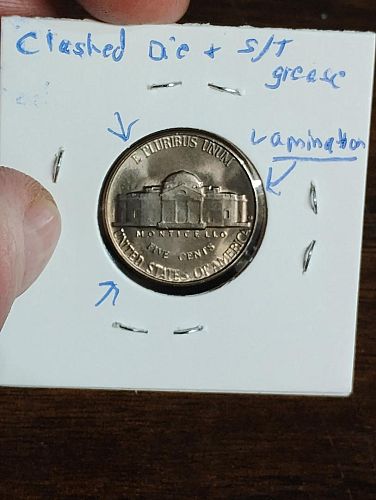 1950-D JEFFERSON  NICKEL CLASHED DIE , ST/T GREASE OBV. / REV.  & LAMINATIONS MS-67