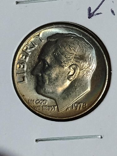 1978 ROOSEVELT DIME , DIE CHIPS IN HAIR MS-65 , TONED