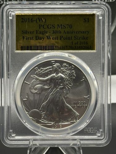 2016-W Silver Eagle PCGS MS70 First Day West Point Strike Gold Label