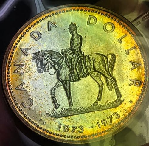 1973 Canada Silver Dollar Coin RAINBOW TONED RCMP Mountie - Superb Gem BEAUTY!
