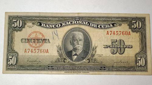 1950 Cuba 50 Pesos Note,  Billete De Cincuenta Pesos Reference P#81 Serial# A745760A