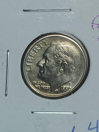 1990-P ROOSEVELT DIME FEEDER FINGER MARK ON REVERSE SIDE OF COIN, MS-65 , TONED