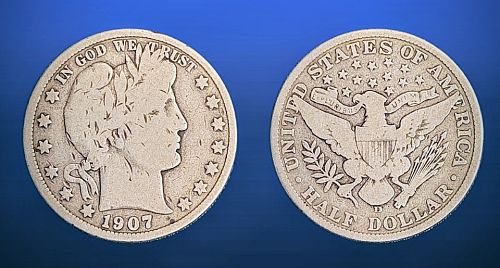 1907 D Barber Half Dollar, Denver Mint, 90% Silver 50c US Mint Half Dollar Coin