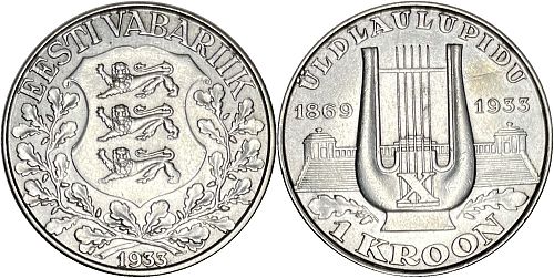 Estonia 1 Kroon -Song Festival 1933 AU&nbsp;&nbsp;Silver .500&nbsp;&nbsp;SKU# 17464.01