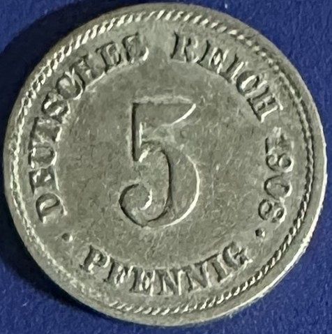 Germany - Empire - 1908 E (Muldenhutten mint) - 5 Pfennig [#1] (2,919,000 minted)