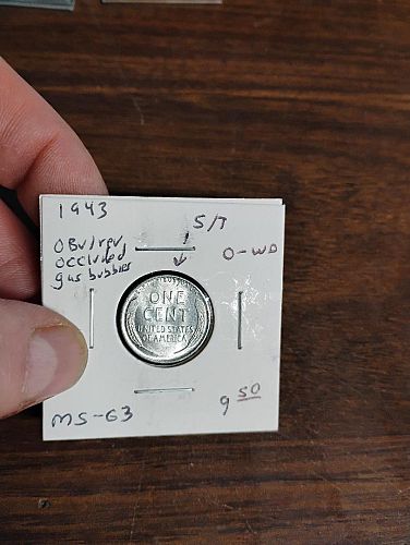 1943 LINCOLN WHEAT , STEEL CENT OCCLUDED GAS BUBBLES & S/T  ON REVERSE, MS-63