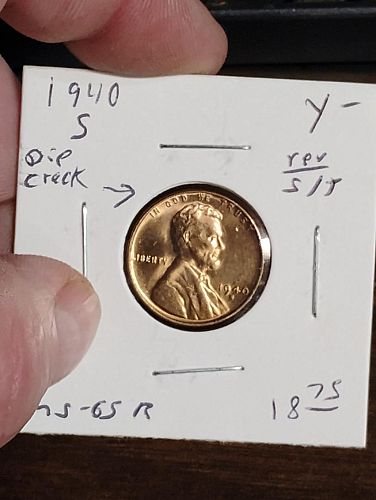 1940-S LINCOLN WHEAT CENT DIE CRACK OBVERSE, S/T ON REVERSE MS-65 RED