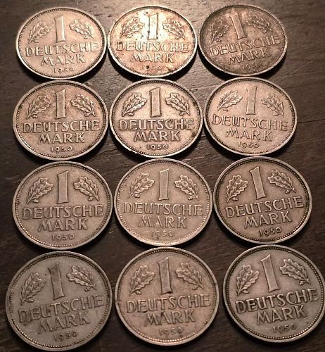 *TWELVE* 1950 German 1 Mark Coins - Four Different Mints & XF CONDITION!