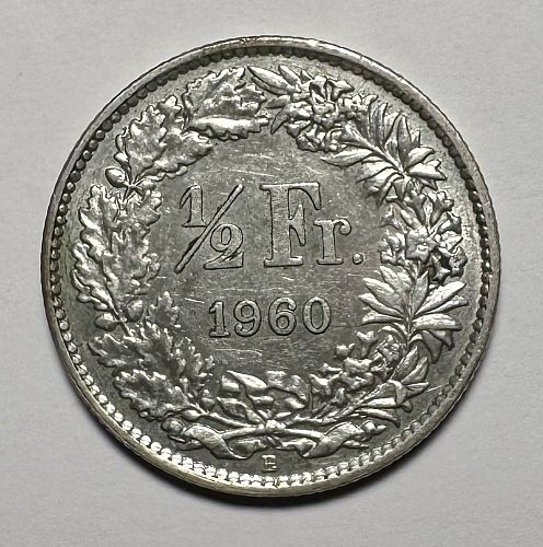 SWITZERLAND 1960 B  1/2 FRANC SILVER